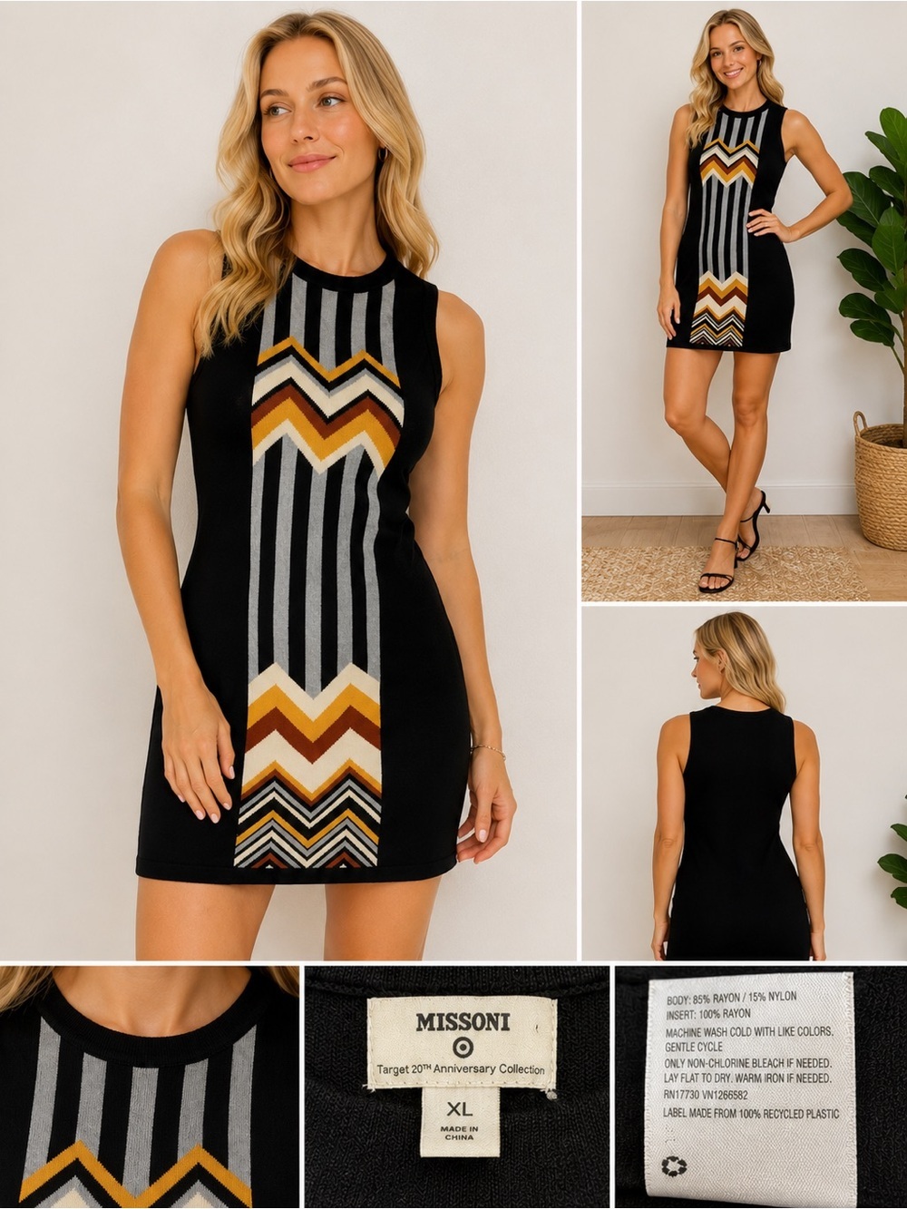 Missoni Black Knit Mini Dress with Gold, Rust & Cream Chevron Panel